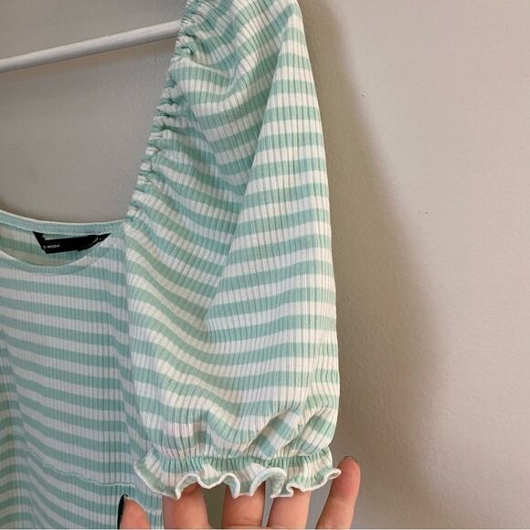 Vero Moda Dress Striped Mint Green White Ribbed Puff Sleeves Ruffle Edge Casual - Picture 3 of 10